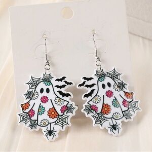 NWT - Festive Ghost Dangle Earrings flower power and spider webs Halloween